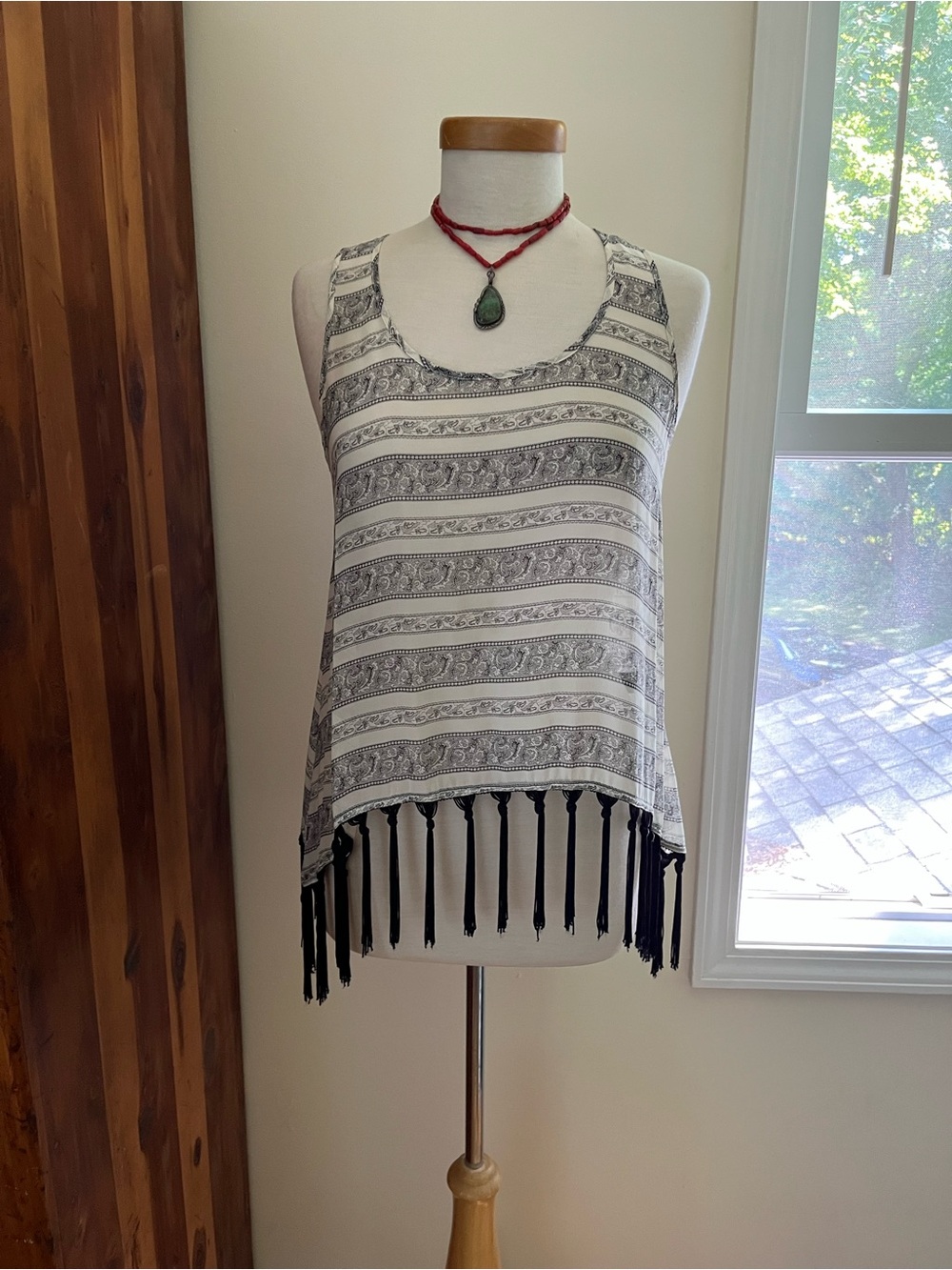 Elizabeth and James Boho Stripe Fringe Tank Top - 100% Silk Small